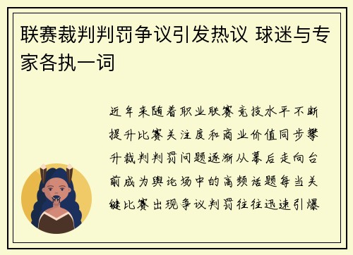 联赛裁判判罚争议引发热议 球迷与专家各执一词